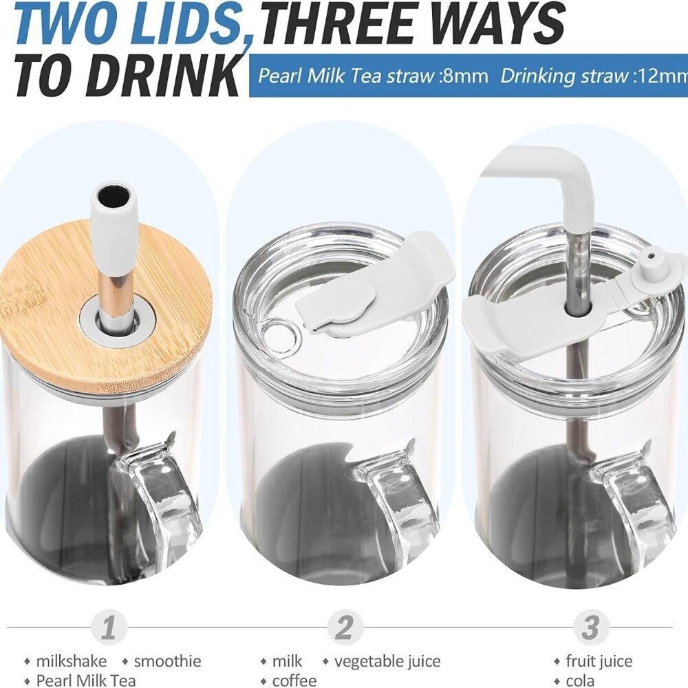 20 oz Glass Tumbler with Handle and 2 Lids - Bamboo Lid & On the Go Lid, Glass W - Picture 4 of 6